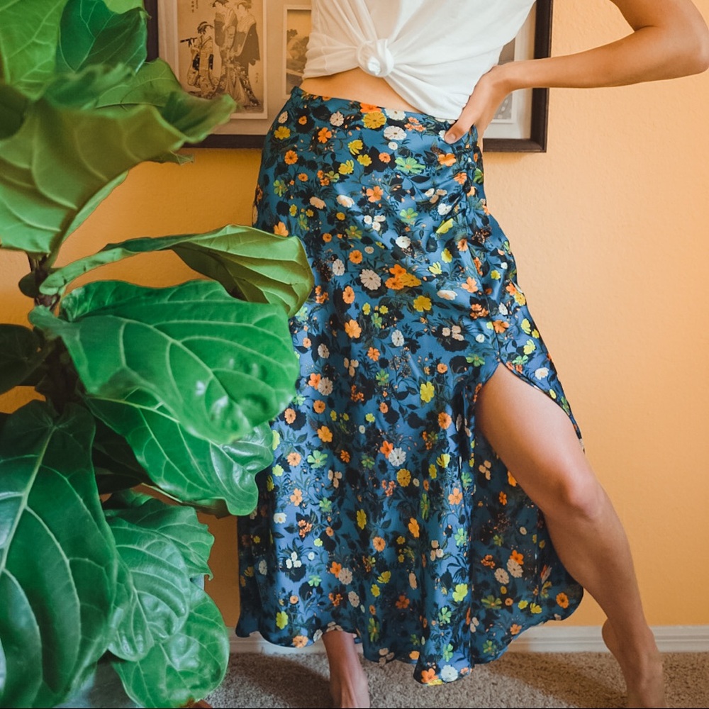Zara Silky Long Floral Skirt with Side Slit